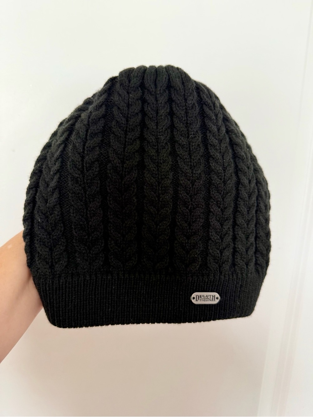 Duluth Trading Co Black Cable Knit Beanie with Metal Logo